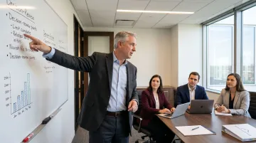 Executive leader conducting structured post-decision review with leadership team at whiteboard