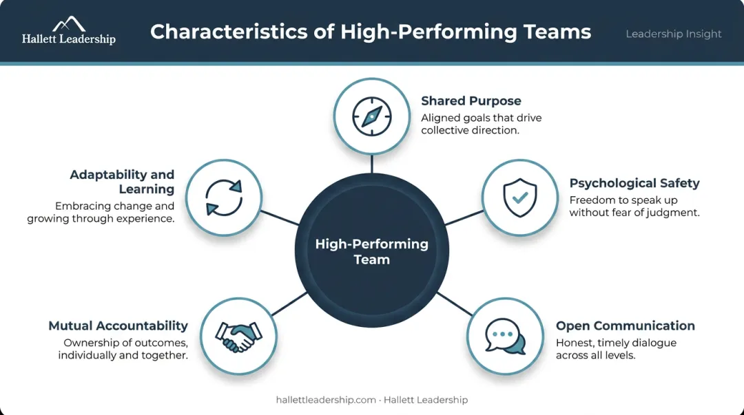 Five core characteristics of high-performing teams visual overview infographic