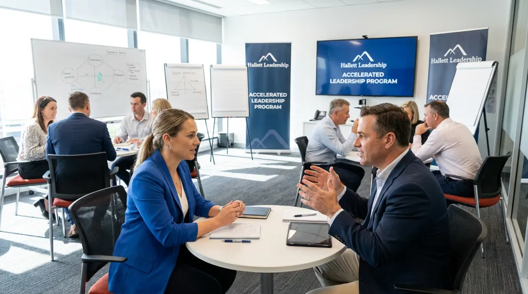 Leadership program participant practicing decision-making scenario with executive coach feedback