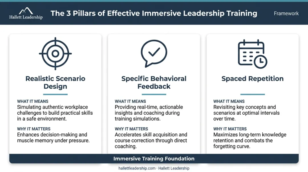 Three core pillars of immersive leadership training realistic scenarios feedback and spaced repetition
