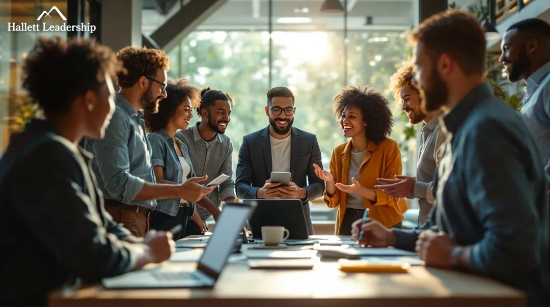 Corporate leadership development program with engaged diverse team in modern workplace