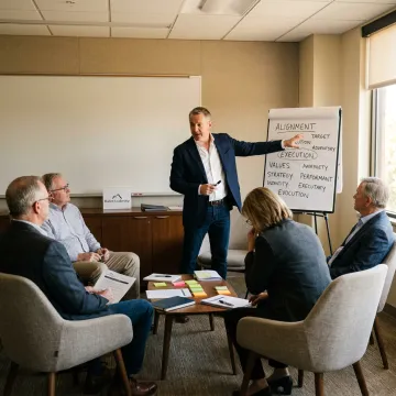 Facilitator guiding executives through a leadership workshop process
