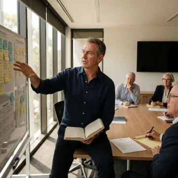 Leadership coach guiding nonprofit team through development process
