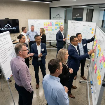 Leadership team collaborating during a problem-solving workshop