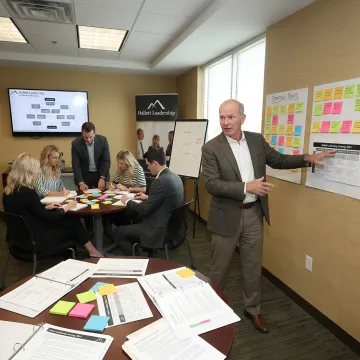 Facilitator leading a leadership development exercise