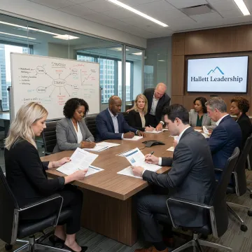 Leadership development workshop with executives collaborating