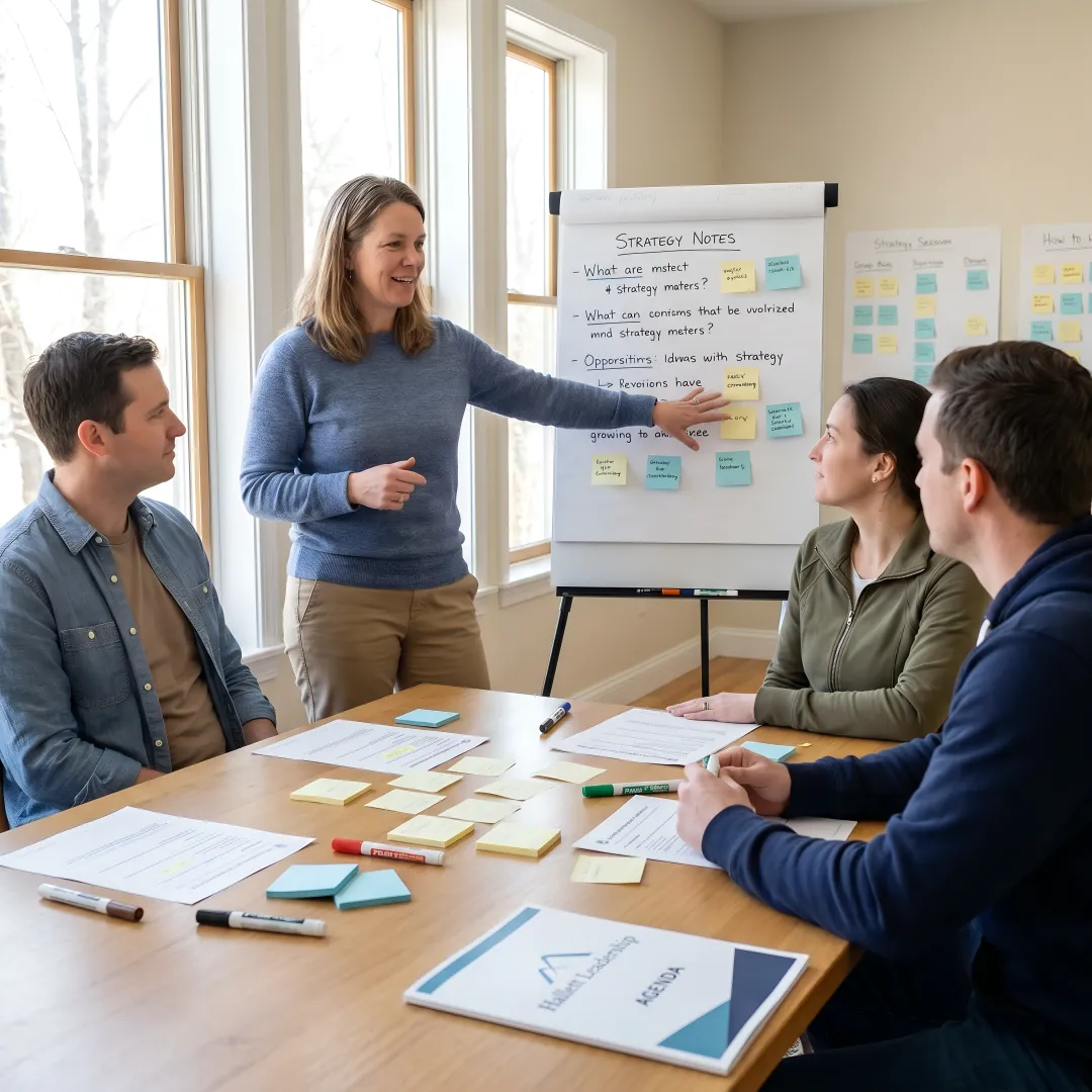Facilitator guiding executives through a leadership workshop process