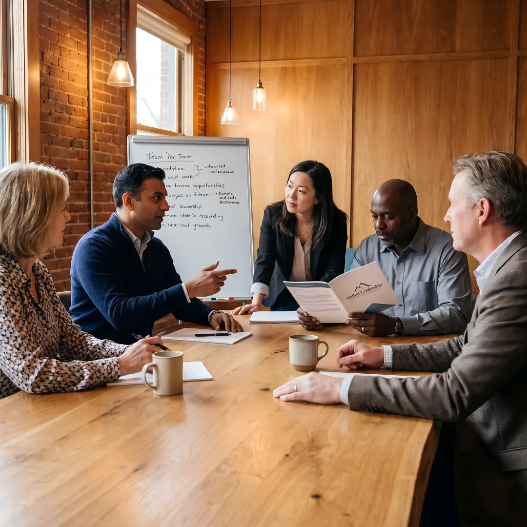Change leadership workshop with executives collaborating