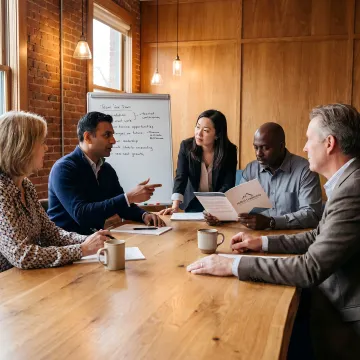Change leadership workshop with executives collaborating