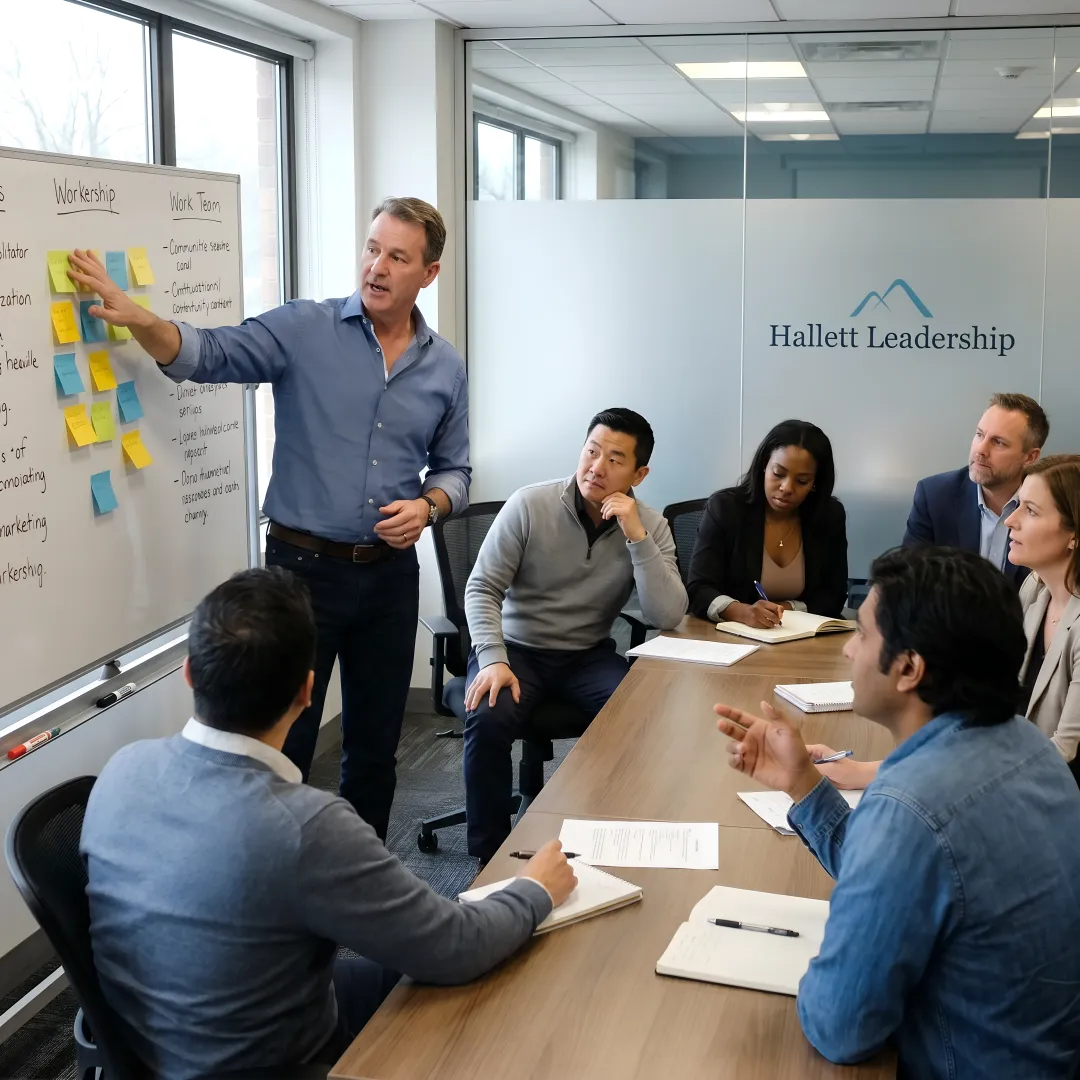 Leadership workshop facilitator guiding an Atlanta business team