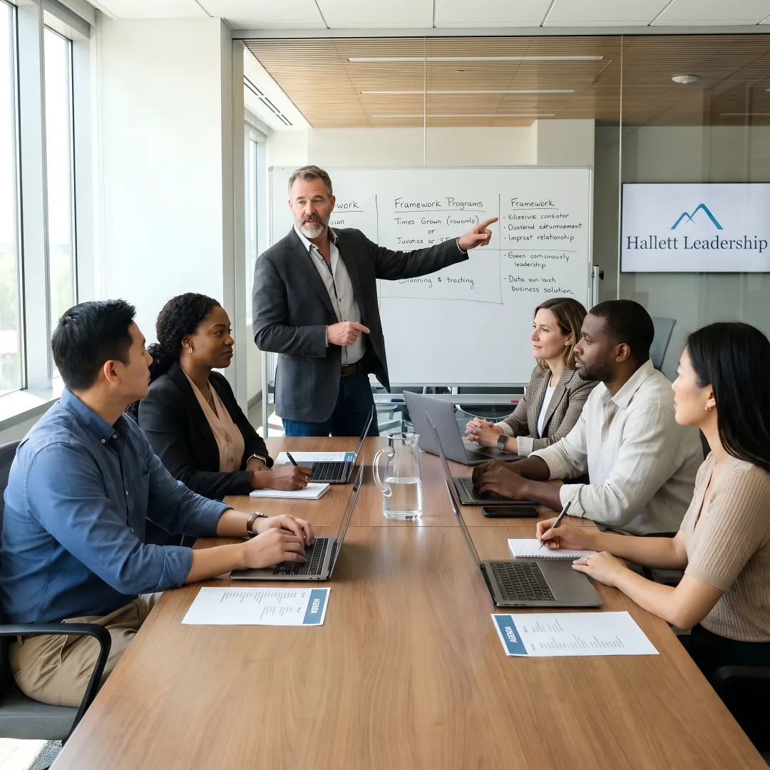 Leadership coach guiding executive team strategy session