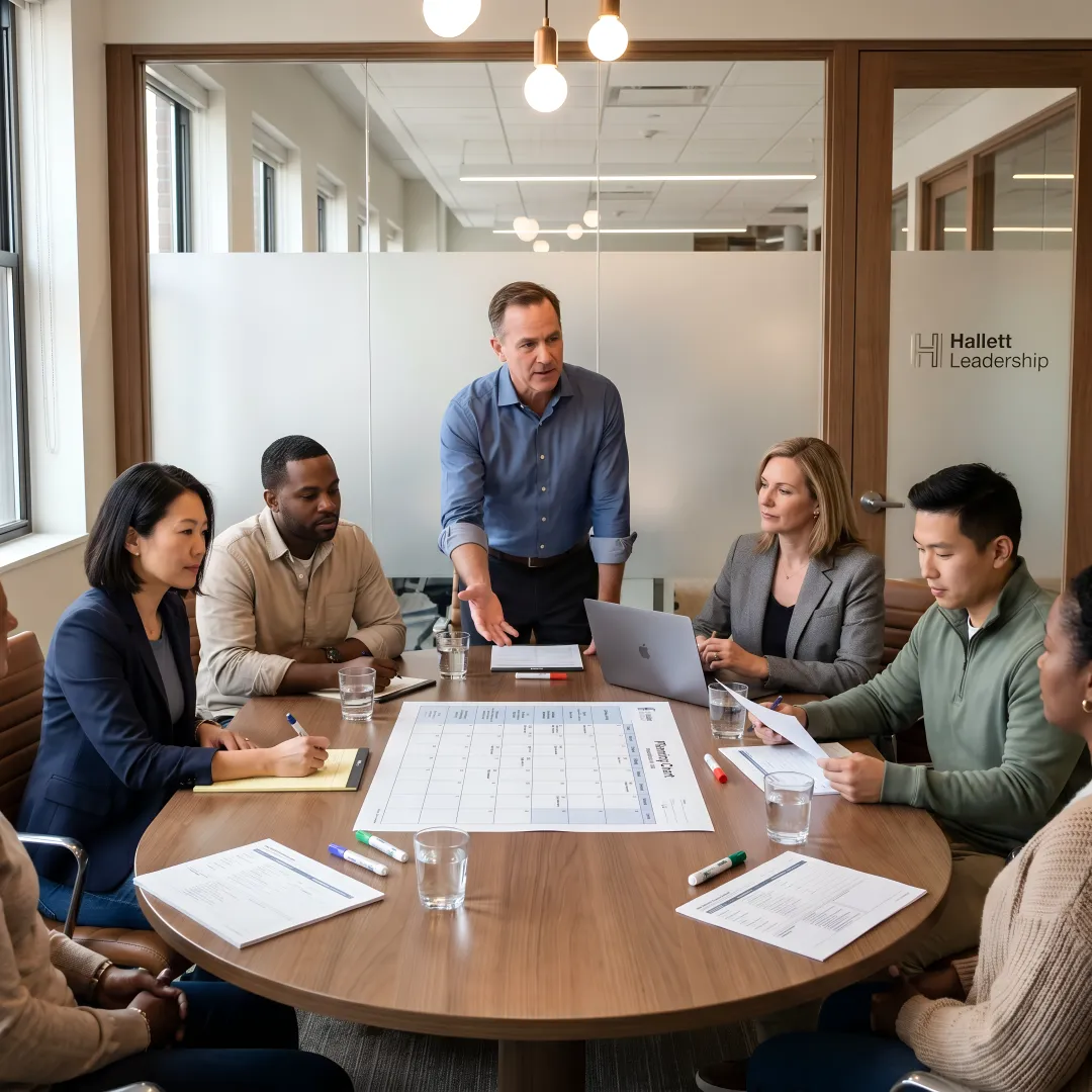 Leadership coach guiding utility managers through a team exercise