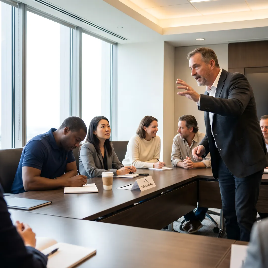 Leadership facilitator guiding corporate training session