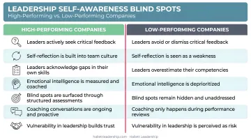 Leadership self-awareness blind spots comparison between high and low performing companies