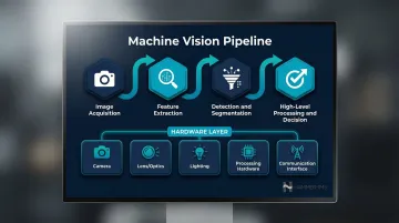 Four-stage machine vision processing pipeline with hardware components diagram