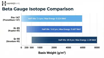 Three beta gauge isotopes measurement range comparison chart Pm-147 Kr-85 Sr-90