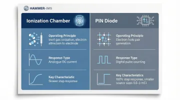 Ionization chamber versus PIN diode beta gauge detector comparison infographic
