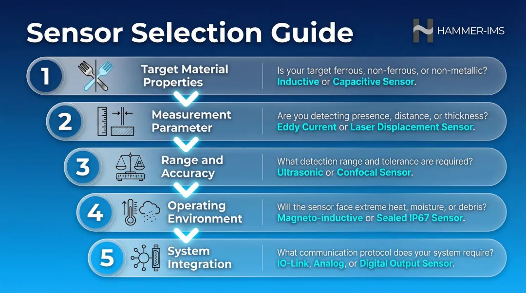 Non-contact sensor selection criteria decision framework covering material environment and integration factors