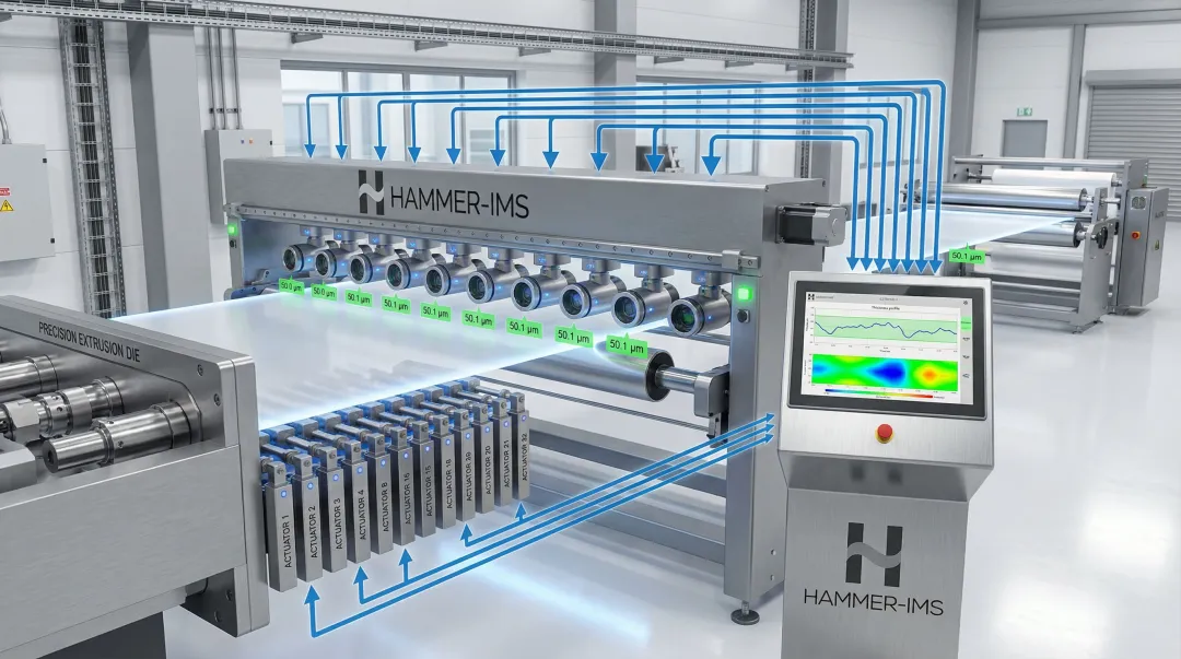Automated plastic film extrusion line with real-time thickness sensor closed-loop control system