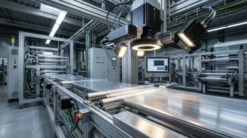 Industrial automated optical inspection camera system scanning web material on production line