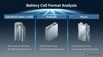Three battery cell formats CT inspection requirements comparison chart cylindrical prismatic pouch