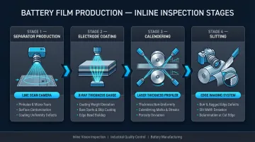 Four-stage battery film inspection process with matched technologies per production stage