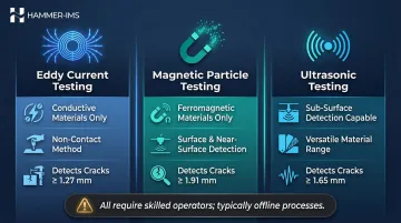 Three NDT methods eddy current magnetic particle ultrasonic testing side-by-side comparison