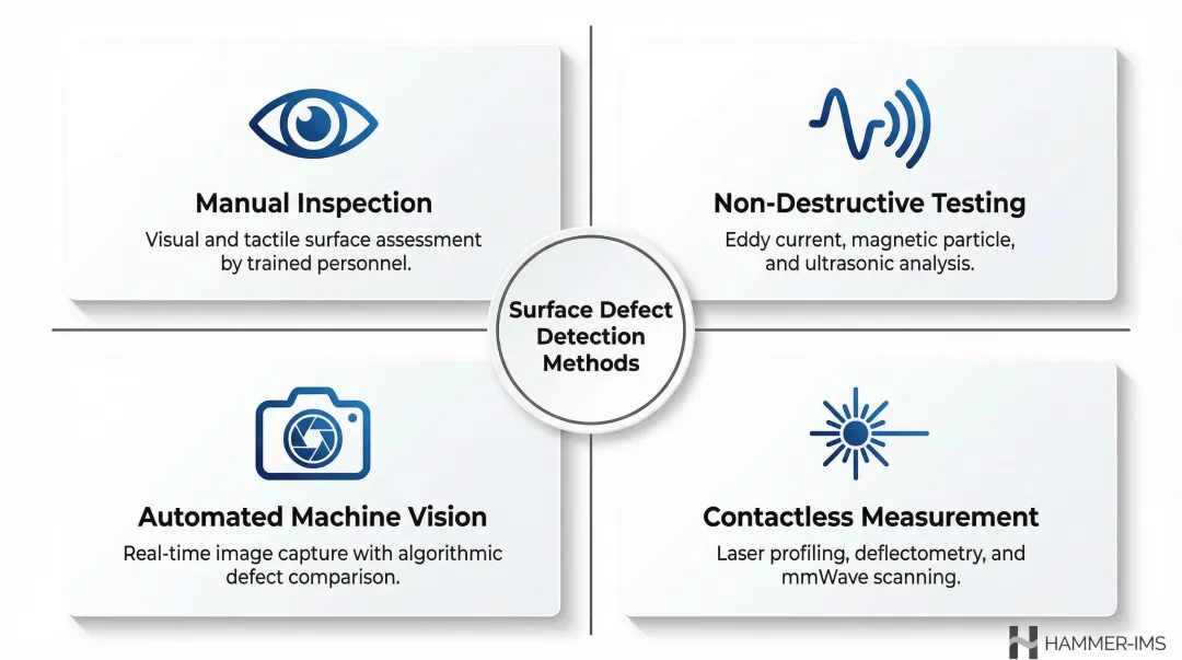 Four surface defect detection method categories comparison overview infographic