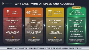 Laser inspection versus tactile probes manual inspection and sampling comparison infographic