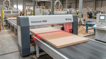 Hammer-IMS M-Ray inline thickness measurement system scanning MDF panel on production line