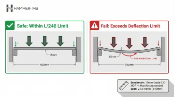 MDF shelf span versus thickness deflection limits comparison chart infographic