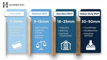 Four MDF thickness categories from thin to heavy-duty with applications and ranges