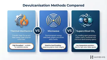 Three devulcanisation methods for rubber recycling process comparison infographic