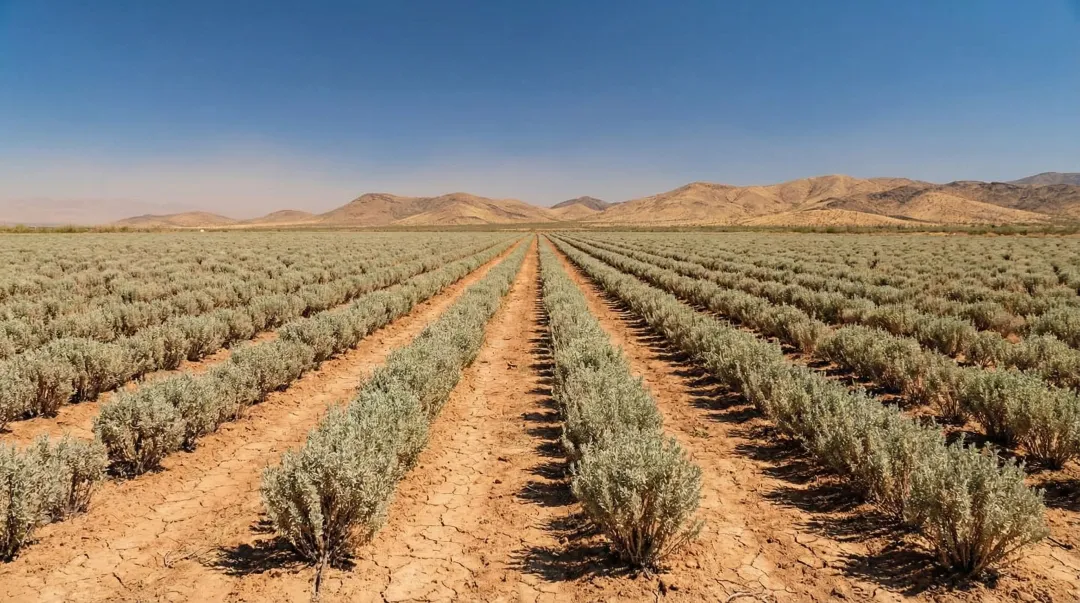 Guayule shrub crop field representing sustainable alternative rubber feedstock source
