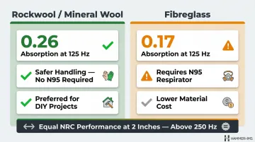 Rockwool versus fibreglass acoustic absorption comparison infographic with NRC ratings