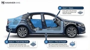 Three-zone vehicle acoustic treatment diagram doors floor and trunk areas