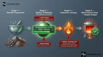 Iron ore green pellet moisture control range from mixing stage to blast furnace induration
