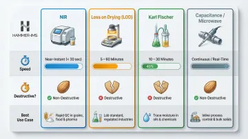 Four moisture measurement methods comparison chart NIR LOD Karl Fischer capacitance