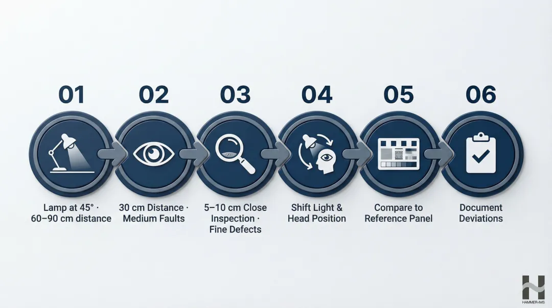 6-step visual paint inspection process from lamp positioning to defect documentation