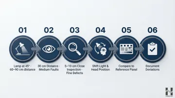 6-step visual paint inspection process from lamp positioning to defect documentation