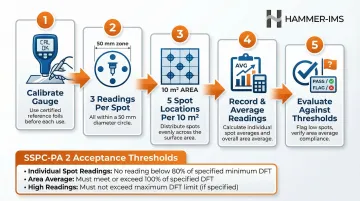 5-step DFT coating thickness measurement process with SSPC-PA 2 acceptance criteria