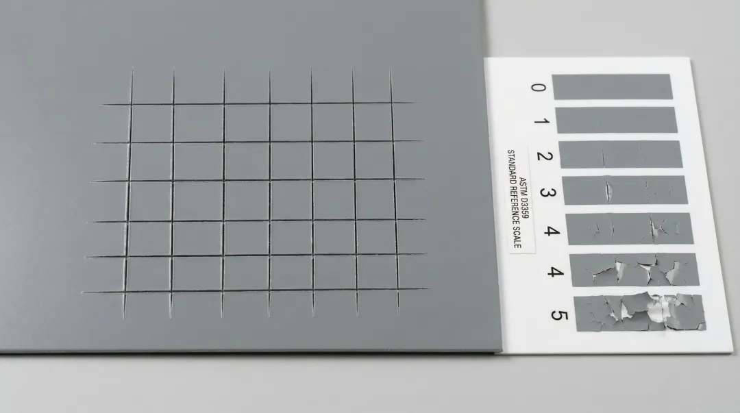 Cross-cut adhesion test grid showing ISO 2409 classification results on painted surface