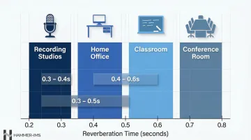 RT60 target reverberation time comparison chart for four room types side by side