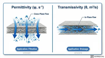 Permittivity versus transmissivity geosynthetic hydraulic properties comparison infographic