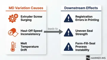 Machine-direction film gauge variation causes and downstream process failure effects