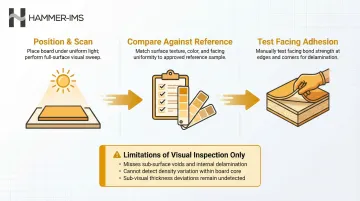 3-step visual insulation board inspection process flow with tools and limitations