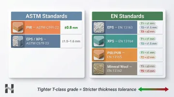 ASTM and EN insulation board thickness tolerance standards comparison chart by material