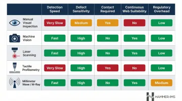Surface inspection method comparison chart across five key evaluation criteria