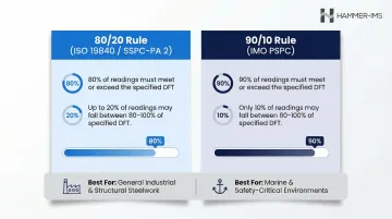 80/20 versus 90/10 DFT acceptance rule comparison infographic for industrial coatings