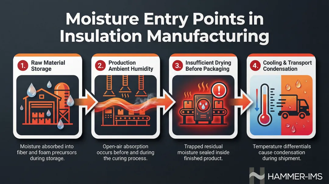 Four manufacturing-stage moisture entry points in insulation production process infographic